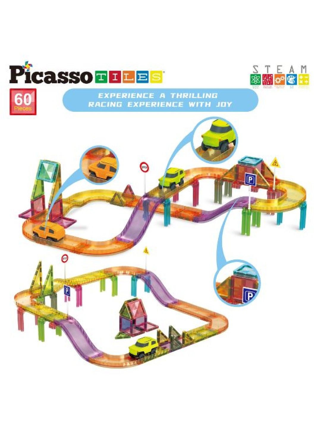 60 pcs. Magnetic Tile&nbsp;Race Car Track Set