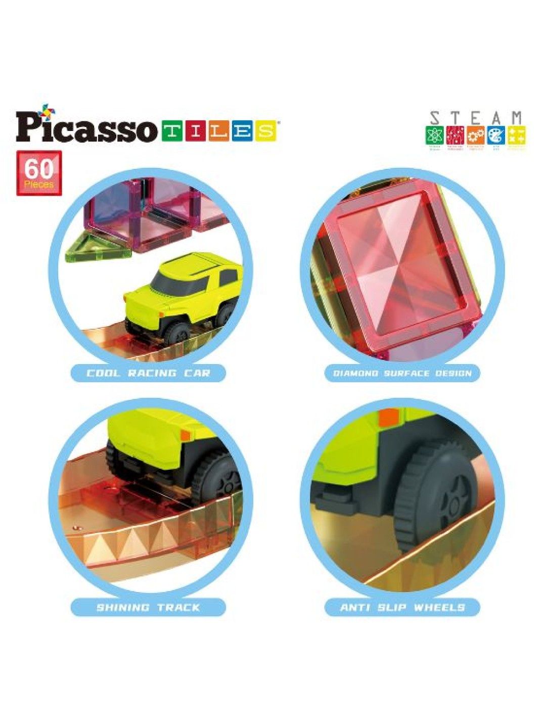 60 pcs. Magnetic Tile&nbsp;Race Car Track Set