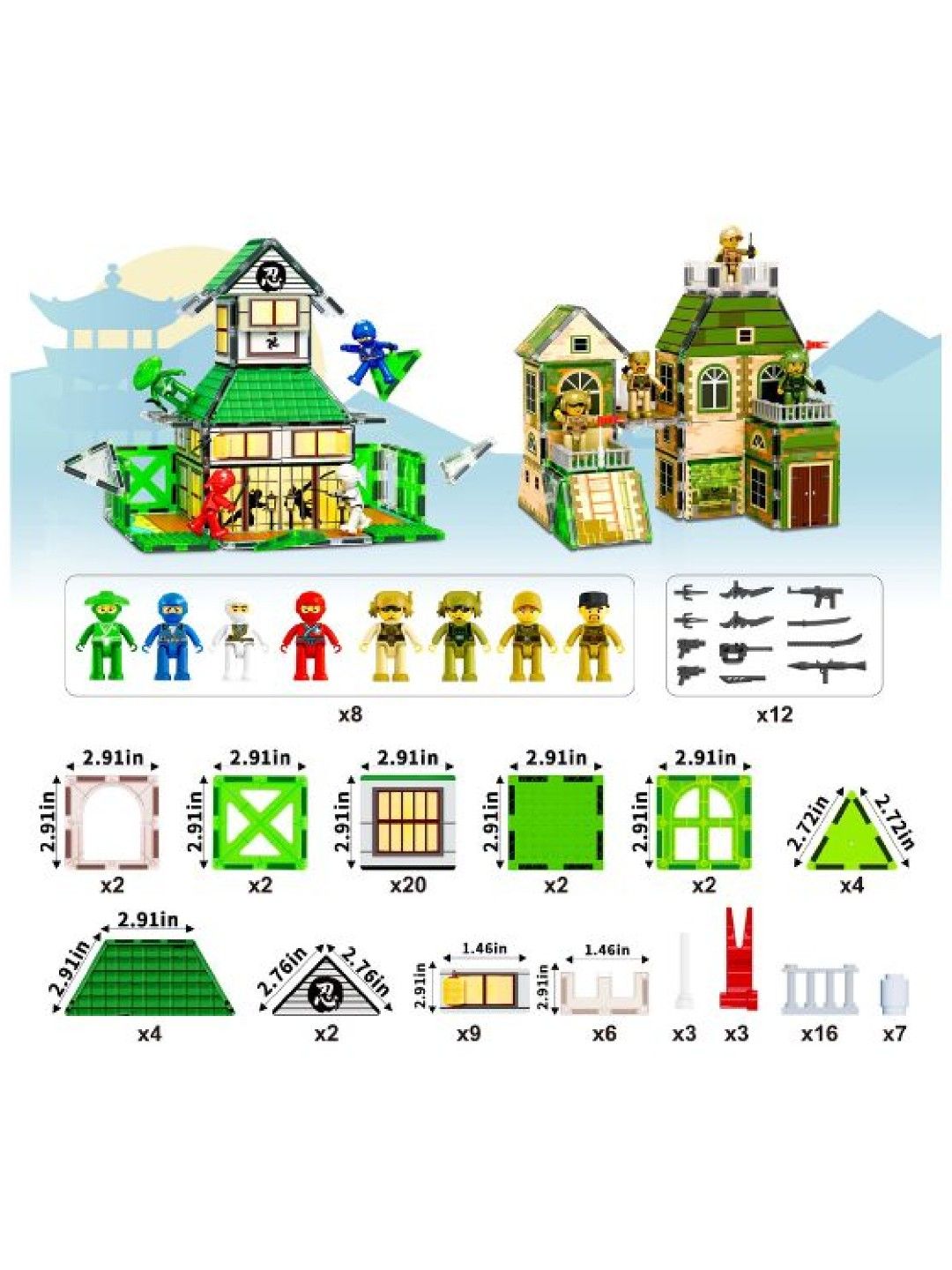 102 pcs. Magnetic Tile Ninja and Troop Theme with 8 Action Figures