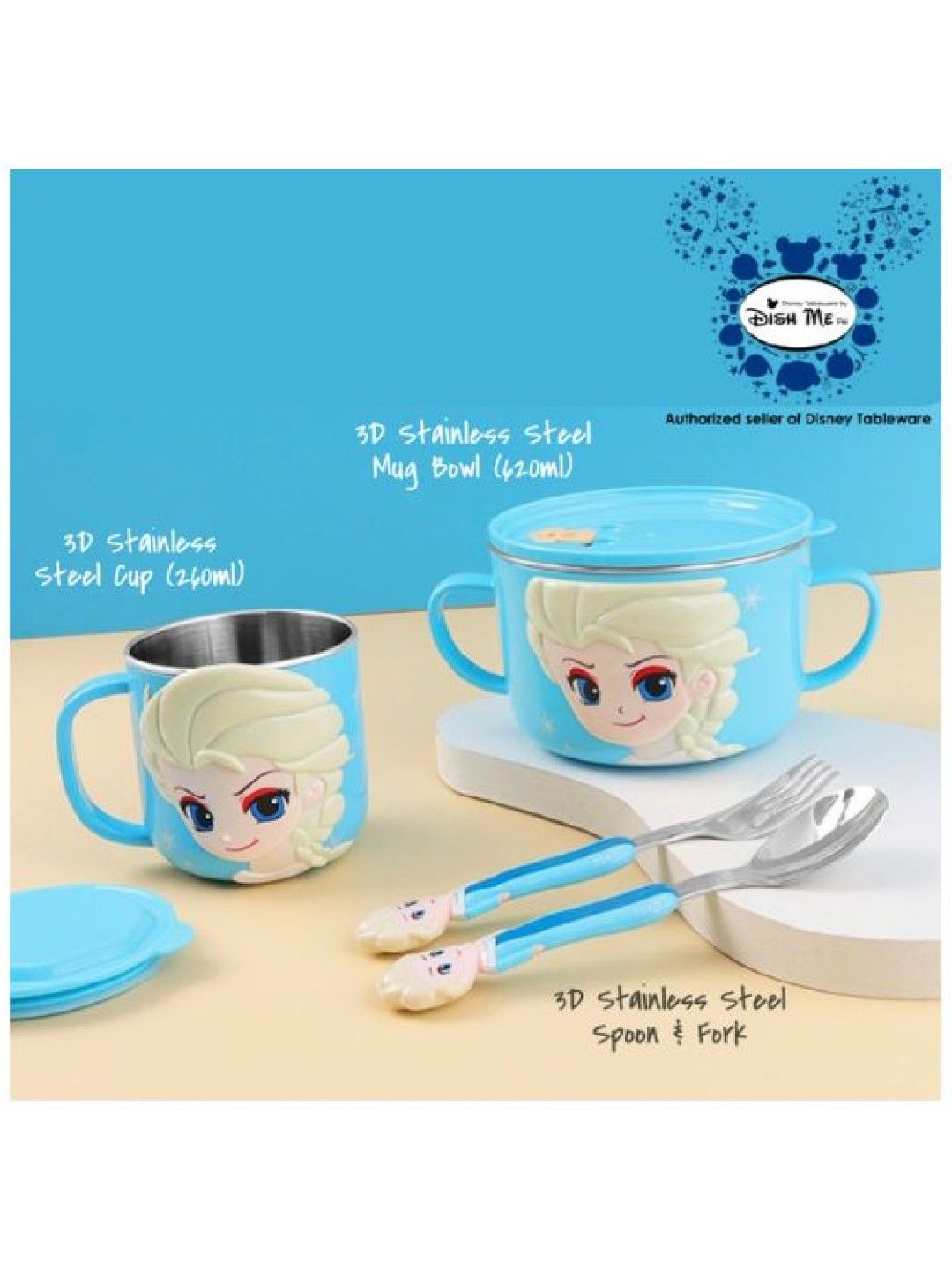 Disney Elsa - 3D Stainless Mug Bowl, Cup, Spoon & Fork (4pcs Gift Set)