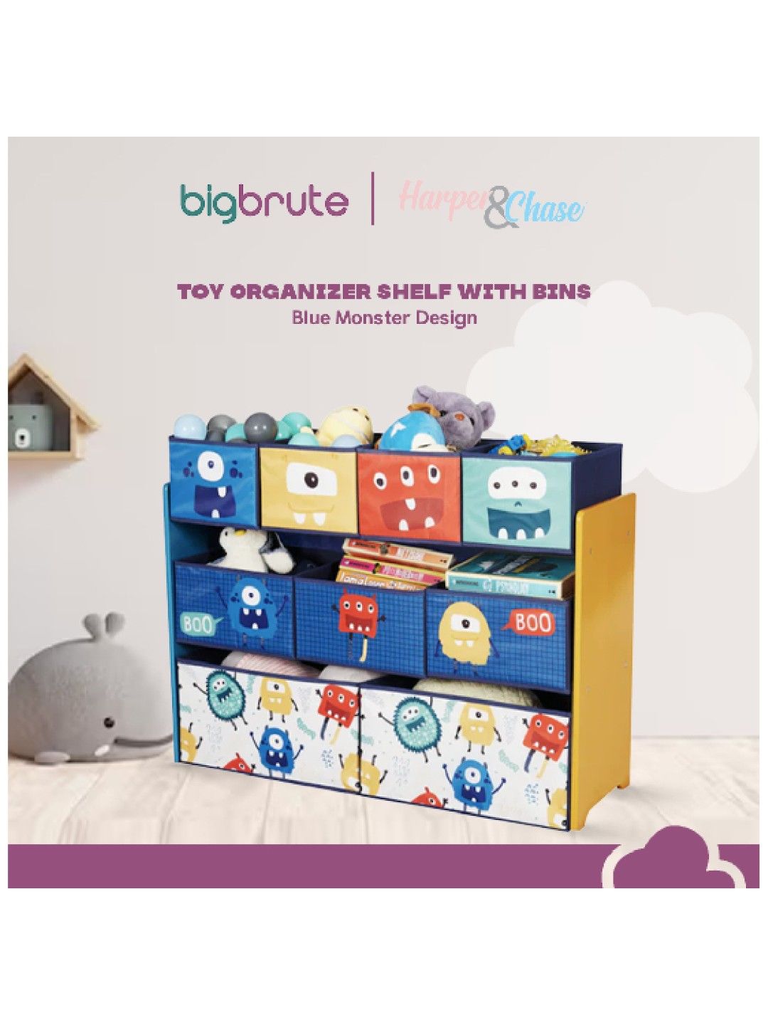 Toy Organizer Shelf with Bins (Blue Monster Design)