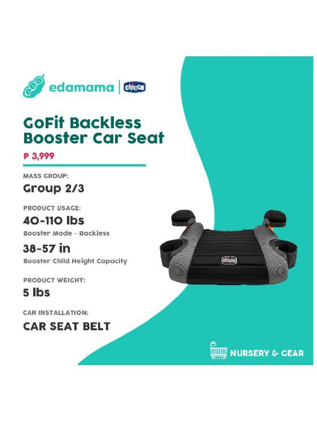 GoFit Backless Booster Car Seat Group 2/3 (Shark)